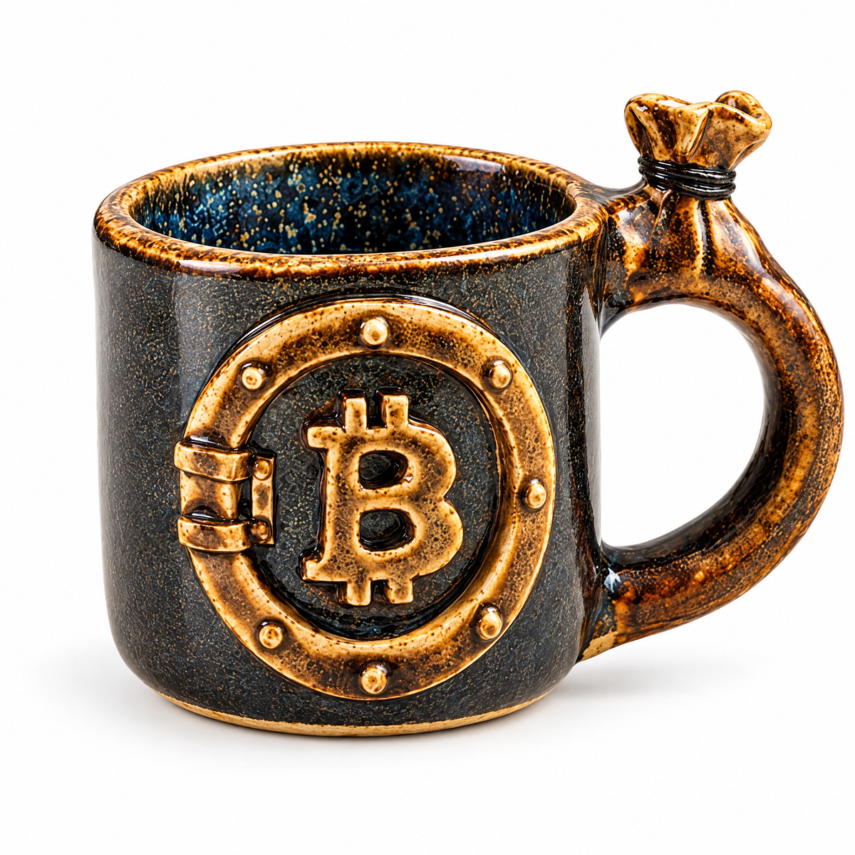 CryptoMug Bitcoin artisanal, vue sur fond blanc