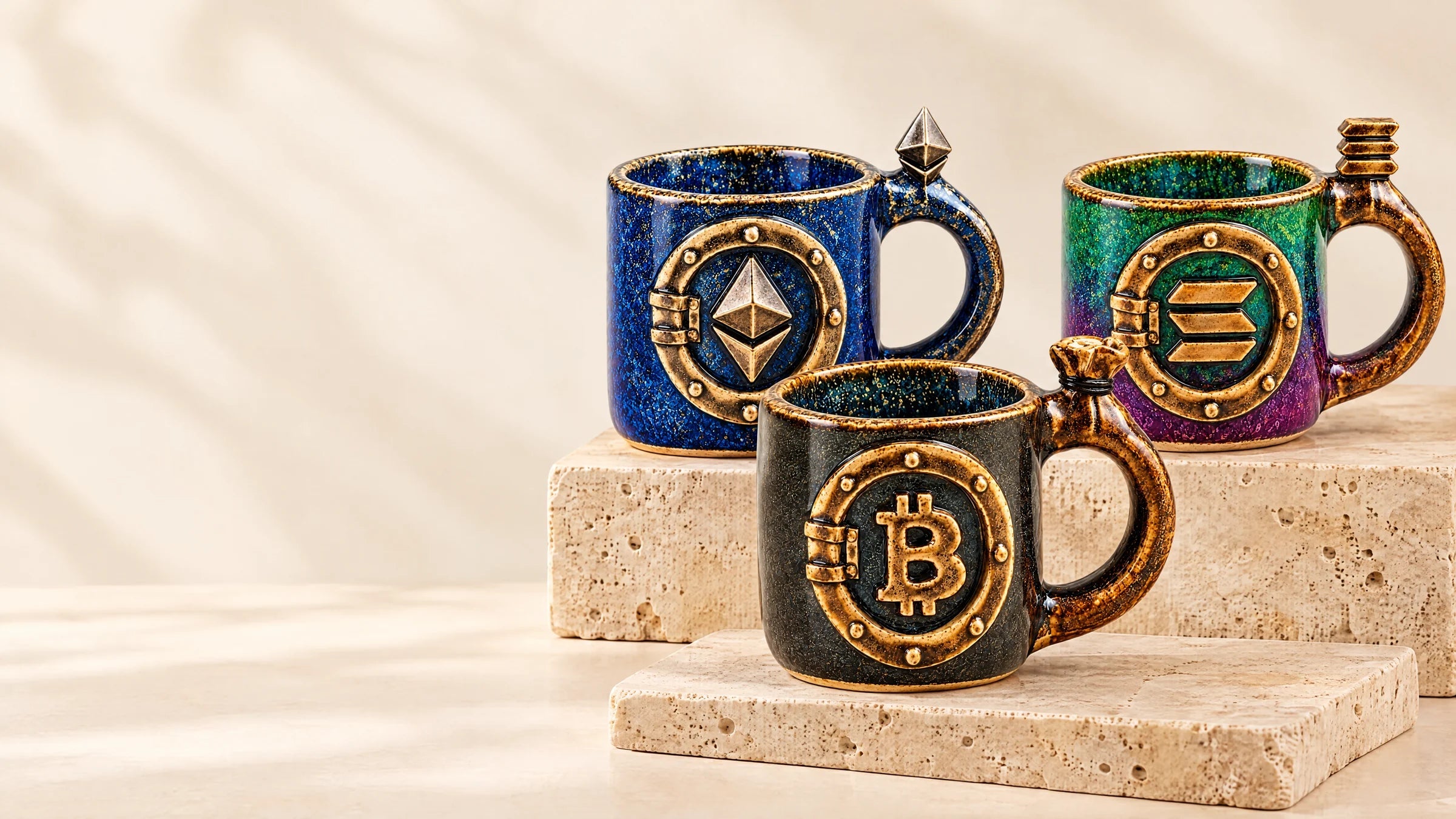 Les mugs Bitcoin, Ethereum et Solana sur des socles de pierre claire